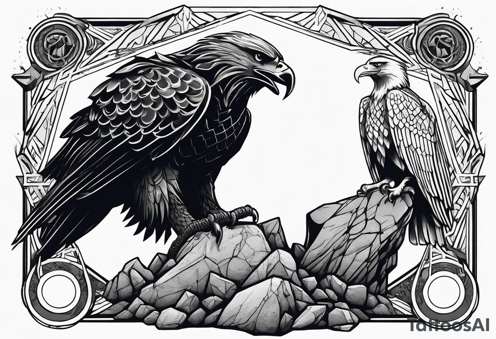 Prometheus laiing at a Rock chained and a Eagle who eats His liver tattoo idea