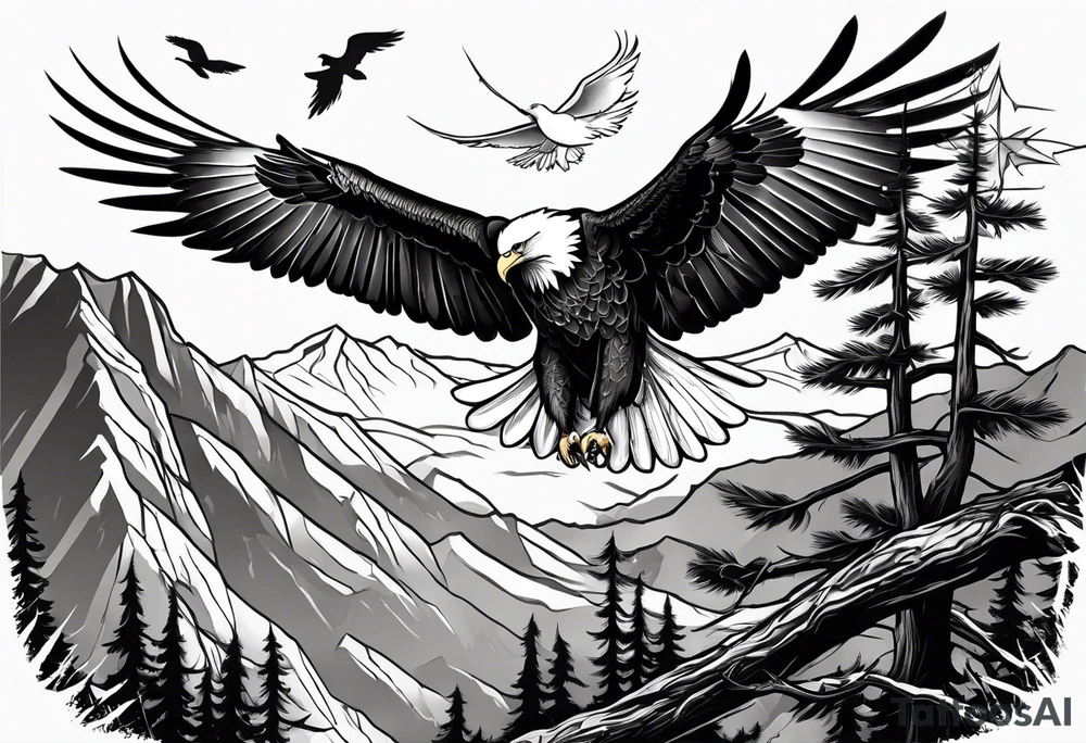 Eagle fighting a White Dove on a tree limb in the mountains tattoo idea