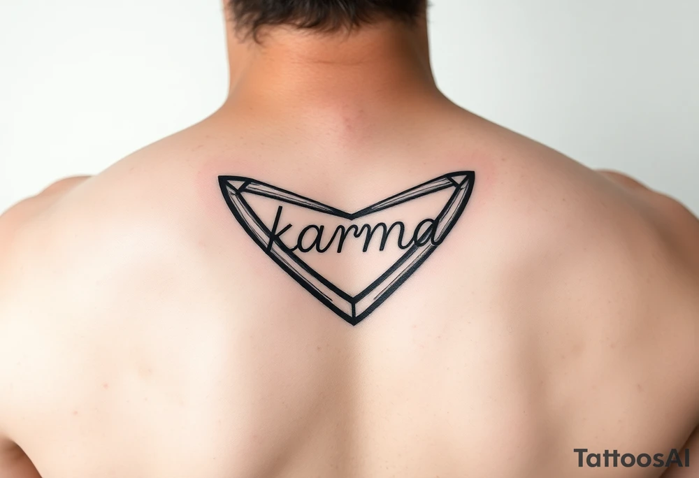 Minimalist style tattoo of a boomerang with the word karma on it tattoo idea