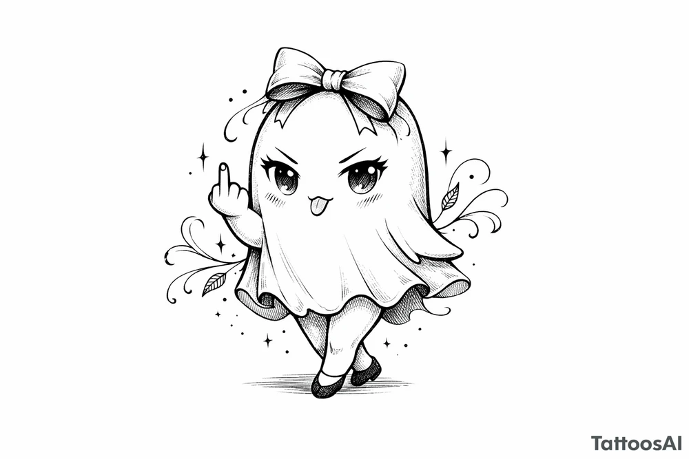Cute ghost with legs in a bow giving the bird, anime style, soft shading, small. tattoo idea