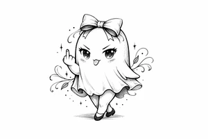 Cute ghost with legs in a bow giving the bird, anime style, soft shading, small. tattoo idea