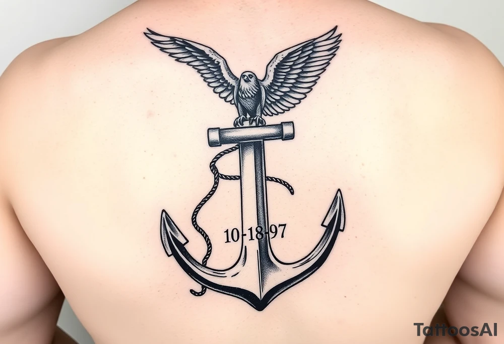 Half sleeve tattoo from shoulder to elbow consisting of American eagle on top with large naval anchor below with our lady of Guadalupe on one side of the anchor and Bigfoot on the other. I wanted the date 10-18-97 on the cross bar of the anchor tattoo idea
