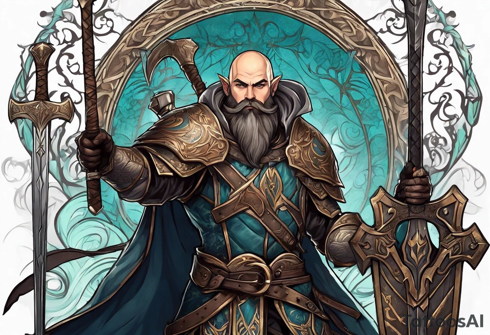 a full-body picture of a 30-year-old, human elf, bearded bald male, paladin, holding a battle axe, tattoo idea
