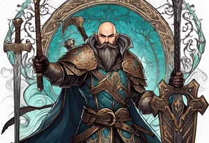 a full-body picture of a 30-year-old, human elf, bearded bald male, paladin, holding a battle axe, tattoo idea