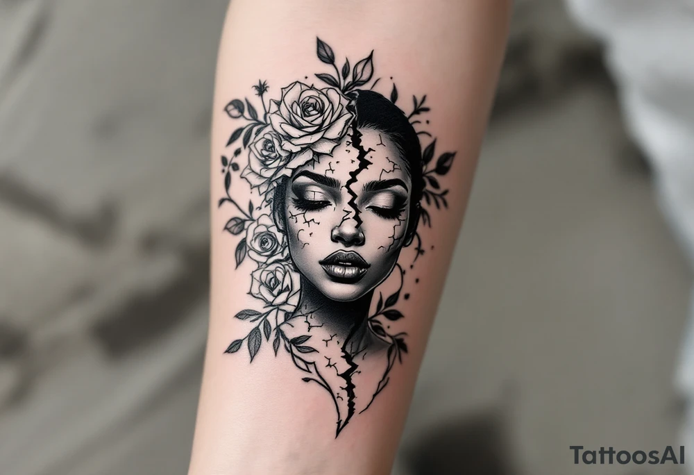 Broken black woman pieced back together surrounded by roses tattoo idea