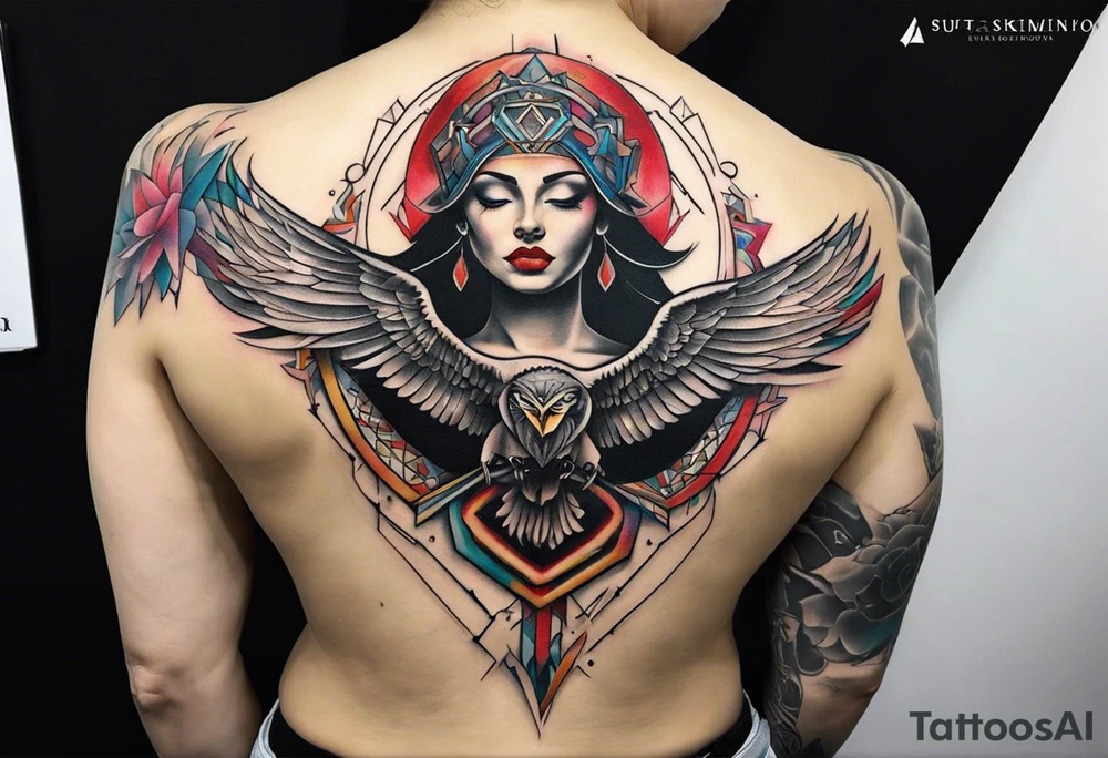 Wide tattoo that appears to be bursting out of the skin, symbolizing freedom. The tattoo should be vibrant and dynamic, with bold lines and colors that evoke a sense of liberation and empowerment. Need to incorporate broken chains. The tattoo should be visually striking and thought-provoking. tattoo idea
