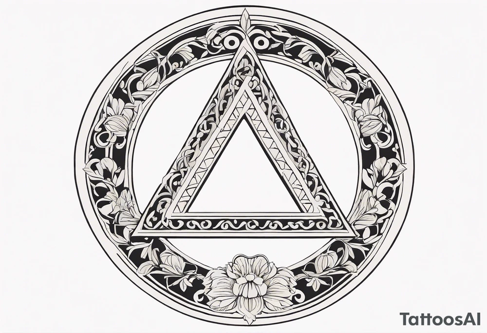 A greek letter delta, inside an ornamental circle. The circle is made from elements of chain, rope, flowers. Simplistic and subtle style. tattoo idea