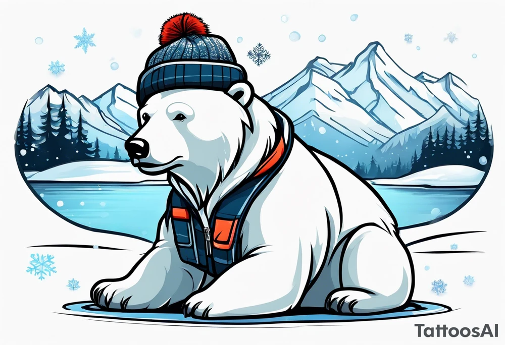 Polar bear standing up wearing a winter hat and snow goggles tattoo idea
