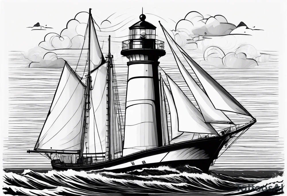 maritime lighthouse in a front view sailboat serving as a mast for a sail. tattoo idea