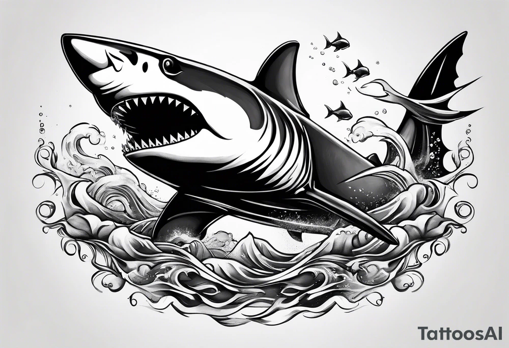 Shark swimming with fish tattoo idea