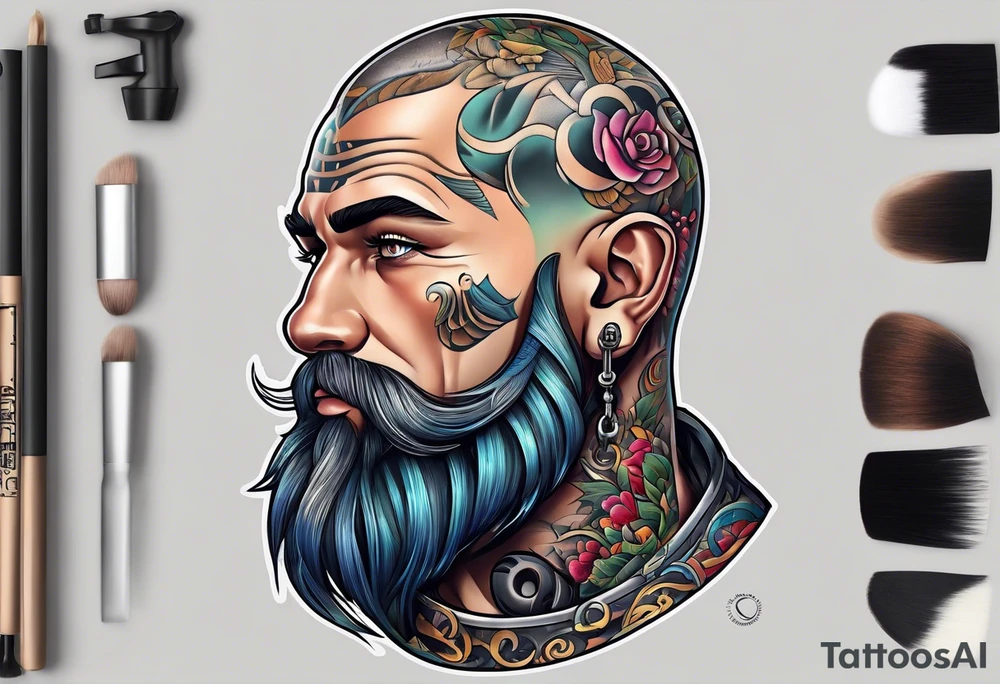 Male, slim oval face, sunken eyes, no hair on sides and pony-tail on top, mechanic tattoo idea