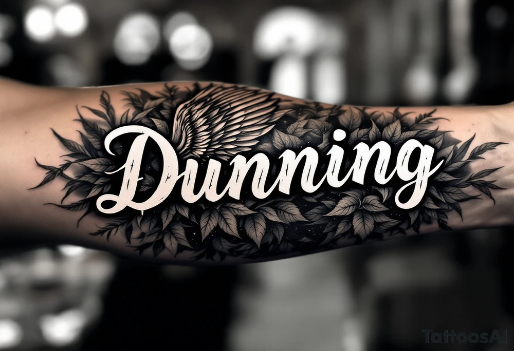 Dunning, Details include on left arm, name in white color,angel wing, wet jungle leaves,cool font, galaxy background filling, tattoo idea