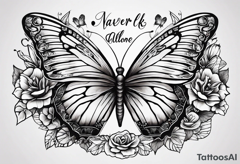 the words "I never walk alone" surrounded by butterflies tattoo idea