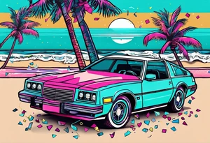 1980's miami vice style dance party with boom box, confetti, music notes in a retro eighties beach theme, no cars tattoo idea