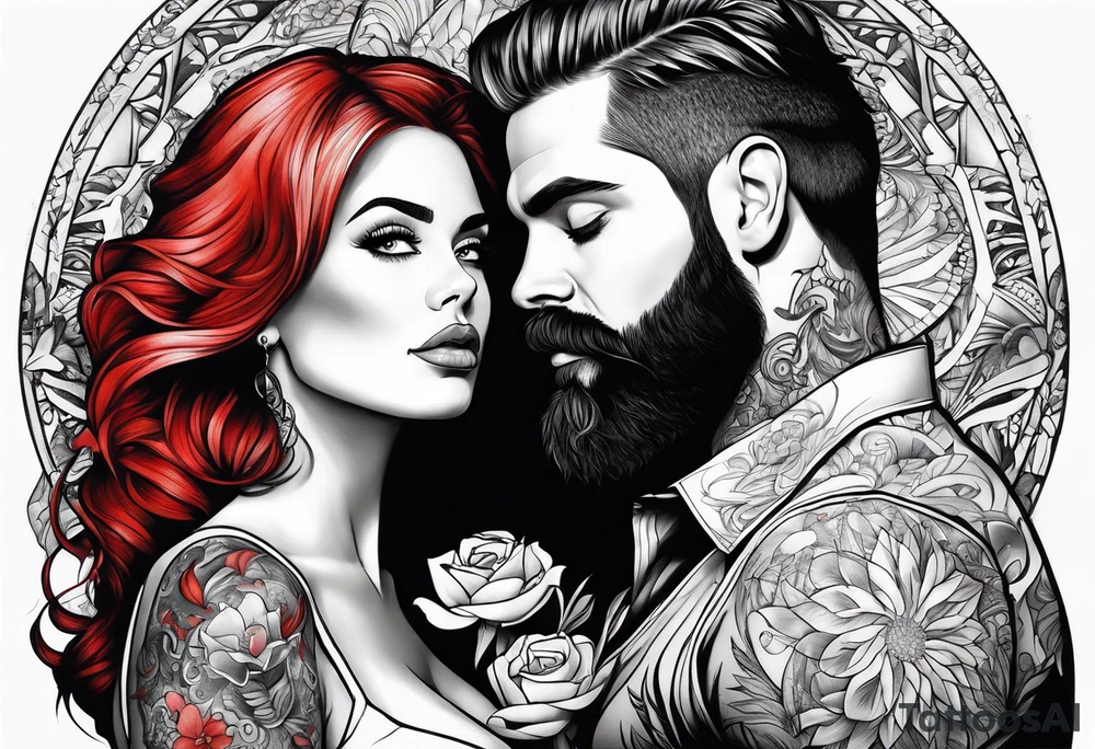 Busty Red haired woman with black haired bearded man tattoo idea