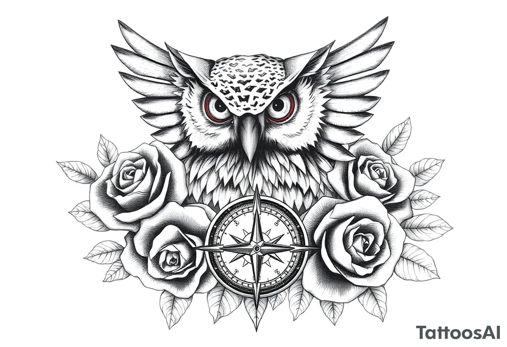 an owl,compass,roses, tattoo idea