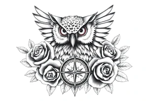 an owl,compass,roses, tattoo idea