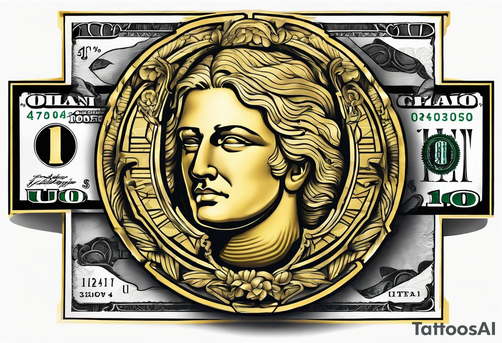 Gold dollar sign with a fist that looks like a hundred dollar bill punching through it tattoo idea