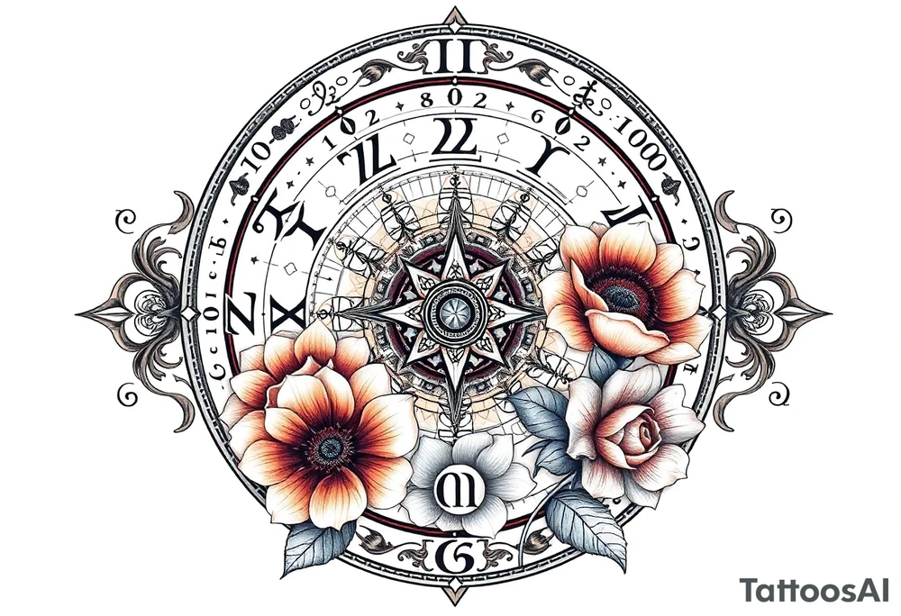 zodiac symbols and Norse runes within ornate clockwork mechanism with roses lilly sunflowers tattoo idea