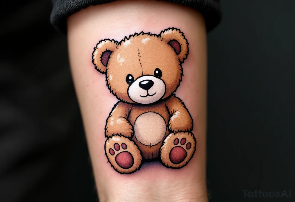 Adámek inside a light brown teddy bear, stitched in soft outline style. tattoo idea