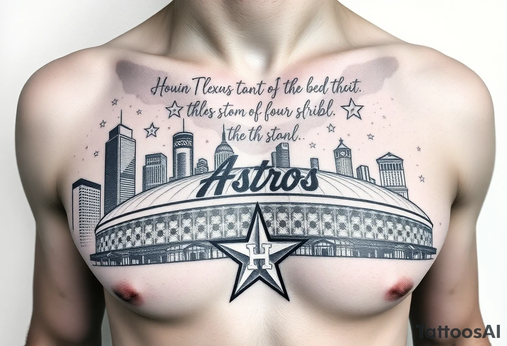 Houston texas skyline Behind houston astrodome, stars nighttime stars and clouds, Houston Astros cursive in sky, Houston Astros star on neck, Benjamin Franklin money roll space suit fill in smoke stars tattoo idea