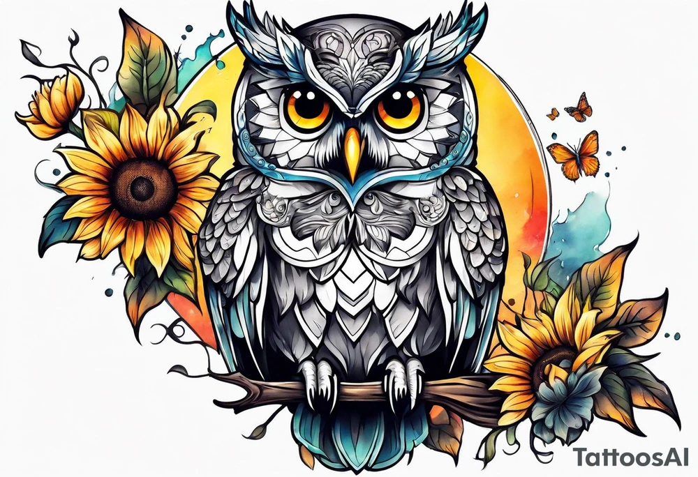 Sleeve with owl, sunflower and butterfly tattoo idea