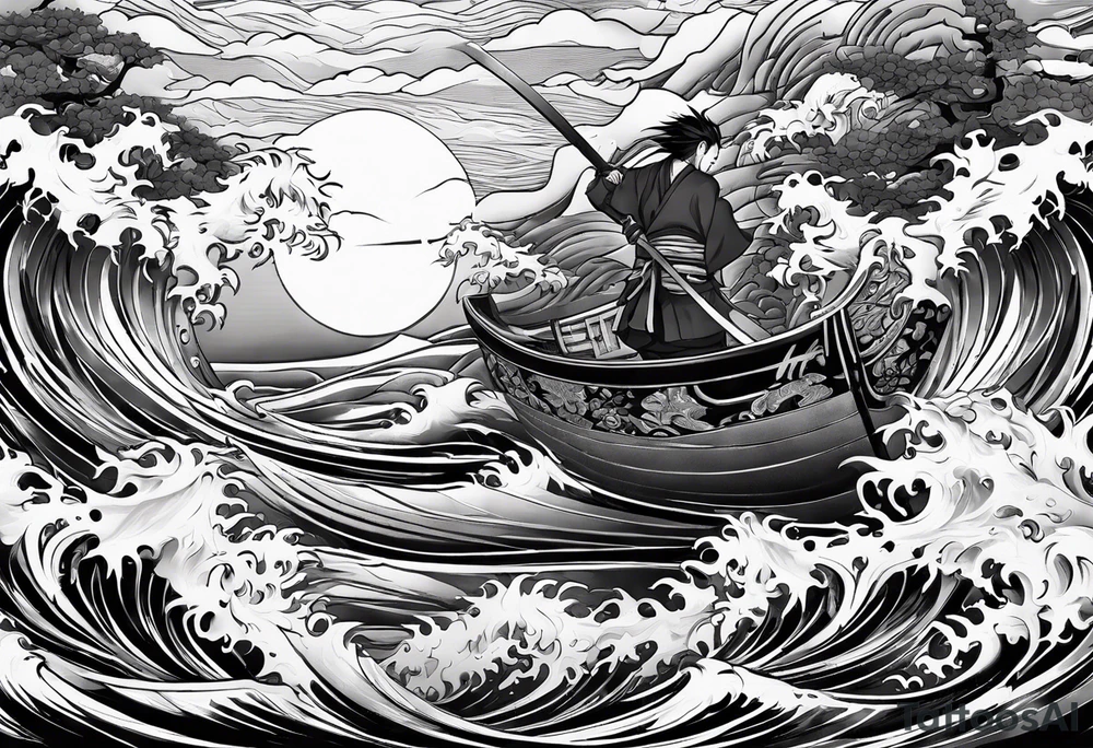 Zhayuya with katanas against the background of waves tattoo idea