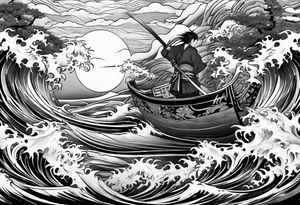 Zhayuya with katanas against the background of waves tattoo idea