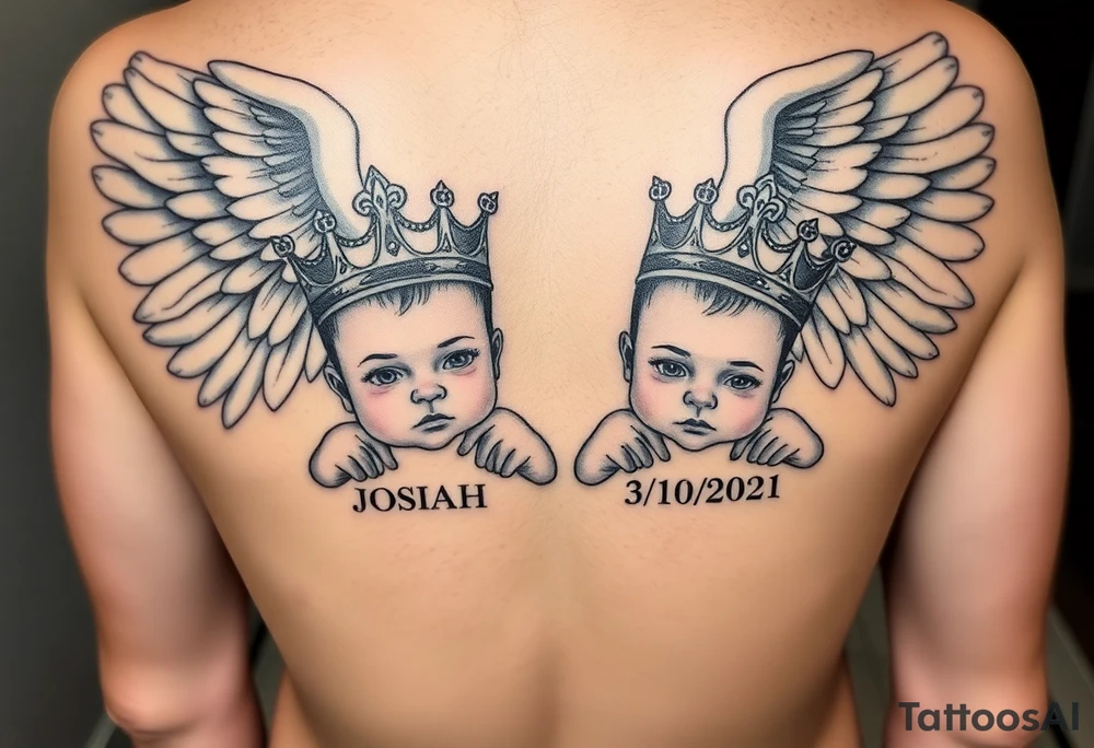 powerful beautiful realistic Women Angel with 2 baby boys one slightly older then the other  both boys wearki g king crowns with the names JOSIAH  and under name JOSIAH  romen numerals 7-06-2021 & the other younger baby in his crown saying ADIAN and under his name 3-10-2023 in roman numerals tattoo idea