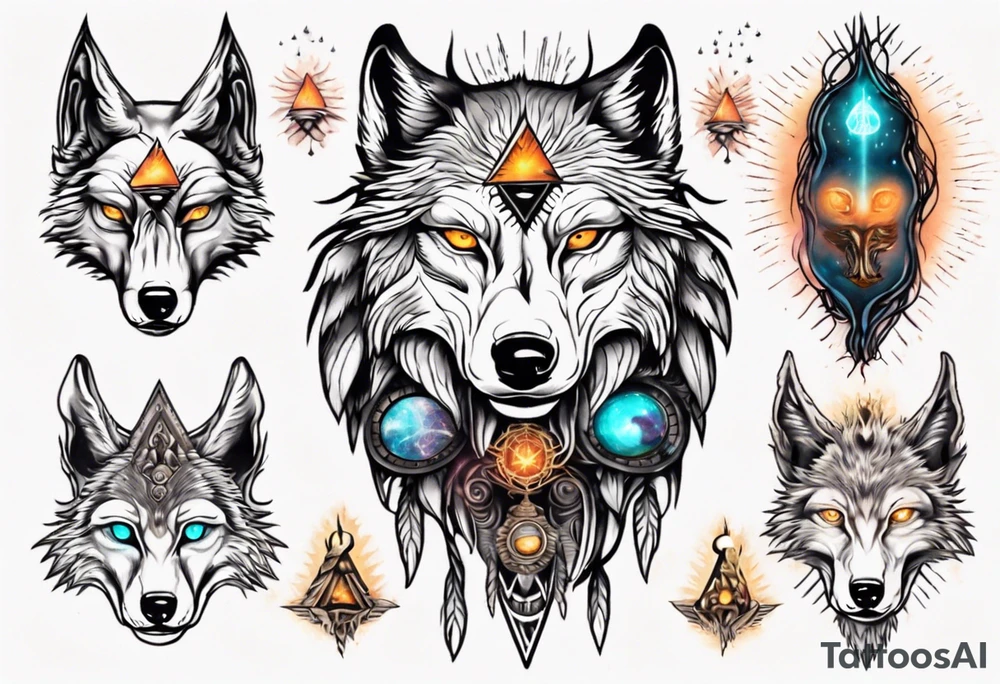 A wolf with a glowing pineal gland and spiritual symbolism tattoo idea