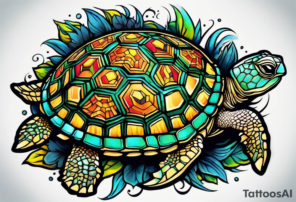 tropical psychedelic turtle's back, top down view, as seen from above tattoo idea