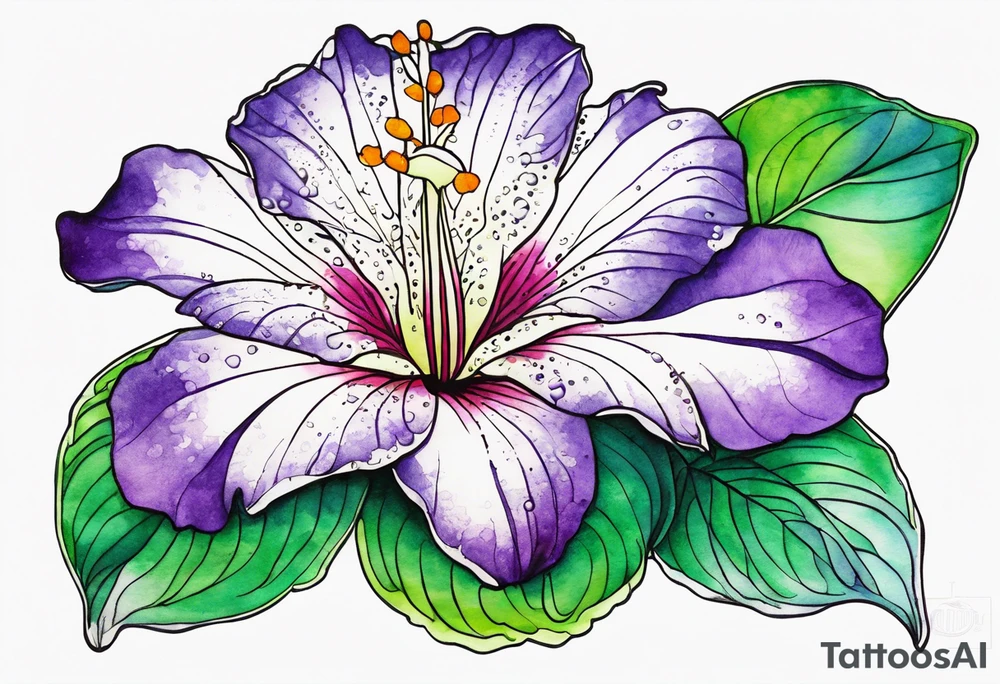 An outline of a rio dipladenia flower with green pedals and a purple watercolor splash in the background tattoo idea