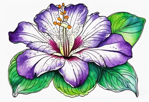 An outline of a rio dipladenia flower with green pedals and a purple watercolor splash in the background tattoo idea