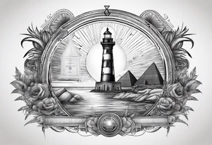 Lighthouse of Alexandria with Ankh and Eye of Ra hovering above it, pyramids and obelisk in background, tattoo idea