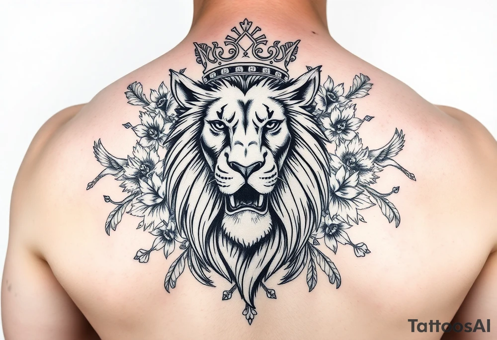 powerful majestic lion with a crown, surrounded by floral ornaments and birds tattoo idea