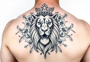 powerful majestic lion with a crown, surrounded by floral ornaments and birds tattoo idea