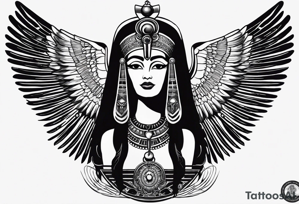 black and white Egyptian goddess Isis, who is often depicted as a woman with outstretched wings, holding an ankh (a symbol of life) in one hand and a lotus flower in the other. Her headdress often includes a throne or a solar disk. The tattoo design can vary in style and size, but it typically aims to capture the essence of this revered Egyptian deity, emphasizing her beauty, power, and maternal qualities. The choice of colors and additional elements can also be customized to create a unique and visually striking representation of the goddess Isis tattoo idea