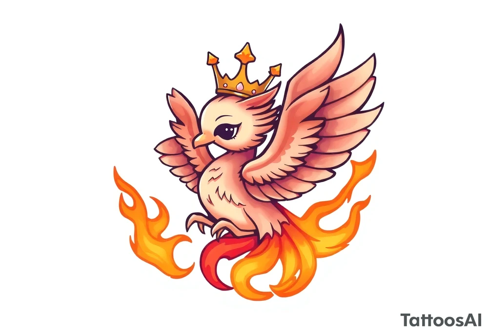cute cartoon Phoenix with crown, engulfed by flames tattoo idea