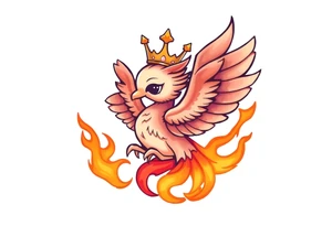 cute cartoon Phoenix with crown, engulfed by flames tattoo idea
