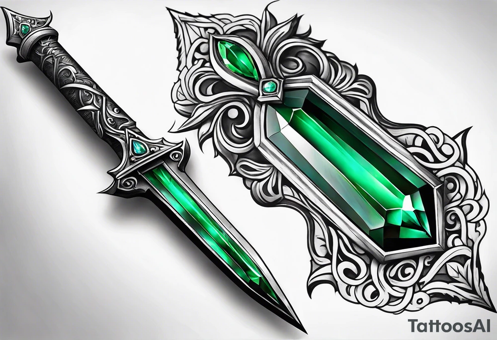 An athame dagger with the hilt turned upward and an emerald gemstone on the hilt tattoo idea