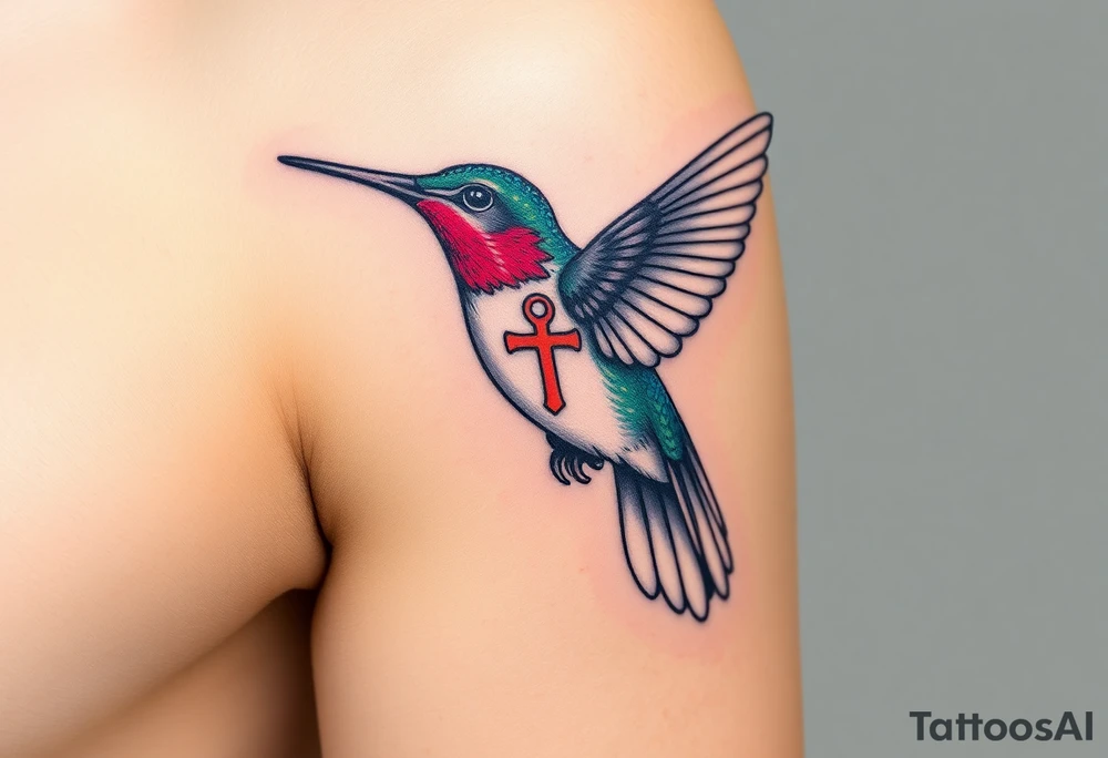 A hummingbird carrying an ankh in its beak
 (only red , blue and black are possible colors) tattoo idea