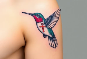 A hummingbird carrying an ankh in its beak
 (only red , blue and black are possible colors) tattoo idea