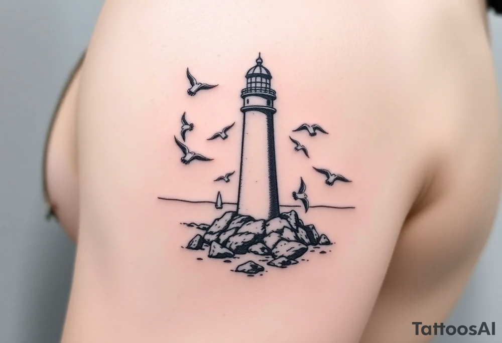 Baltic Sea tattoo with lighthouse surrounded by seagulls tattoo idea