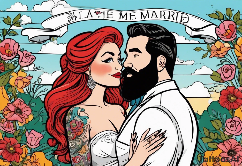 Busty red haired woman with a bearded man who has black hair getting married tattoo idea