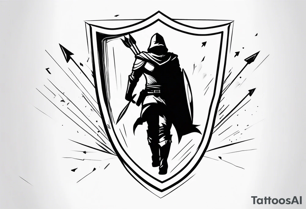 man protected under shield from arrows falling from sky tattoo idea