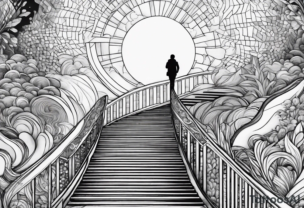 Person walking up stairs into heaven tattoo idea