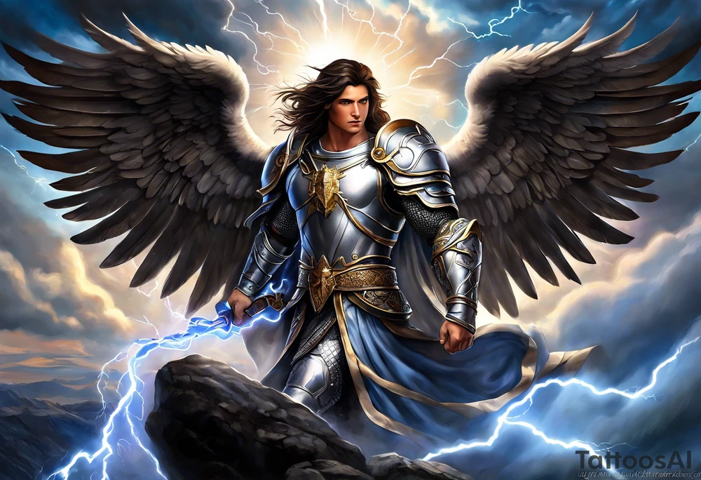 forearm sleeve of michael the archangel with clouds and lightning standing on rocks tattoo idea