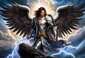 forearm sleeve of michael the archangel with clouds and lightning standing on rocks tattoo idea