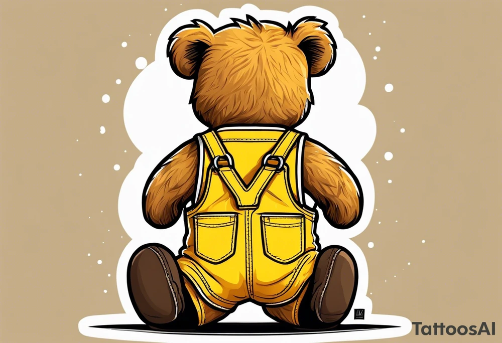the image of the back of a light brown teddy bear standing in yellow overalls, white tank top, striped boots and holding his left arm up tattoo idea