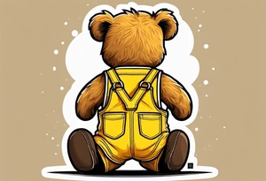 the image of the back of a light brown teddy bear standing in yellow overalls, white tank top, striped boots and holding his left arm up tattoo idea